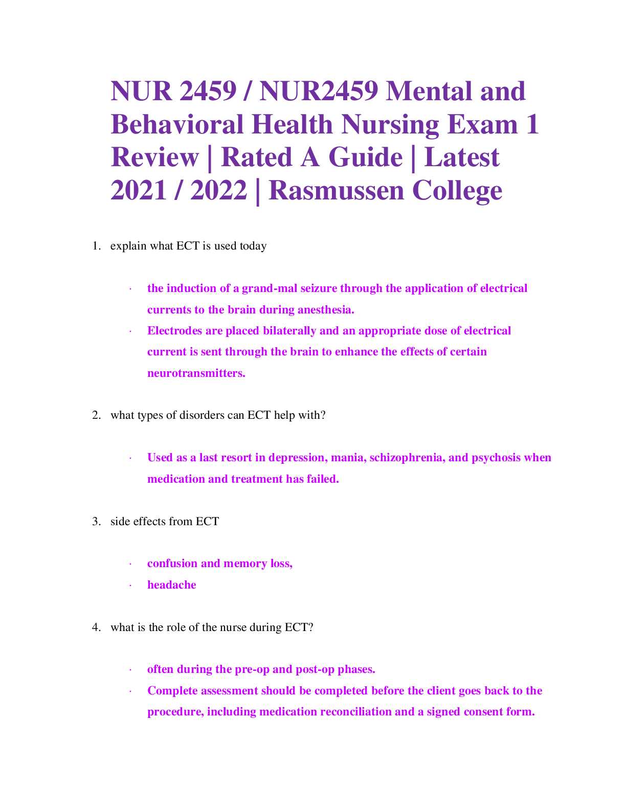 Preview of NUR 2459 / NUR2459 Mental and Behavioral Health Nursing Exam 1 Review | Rated A Guide | La